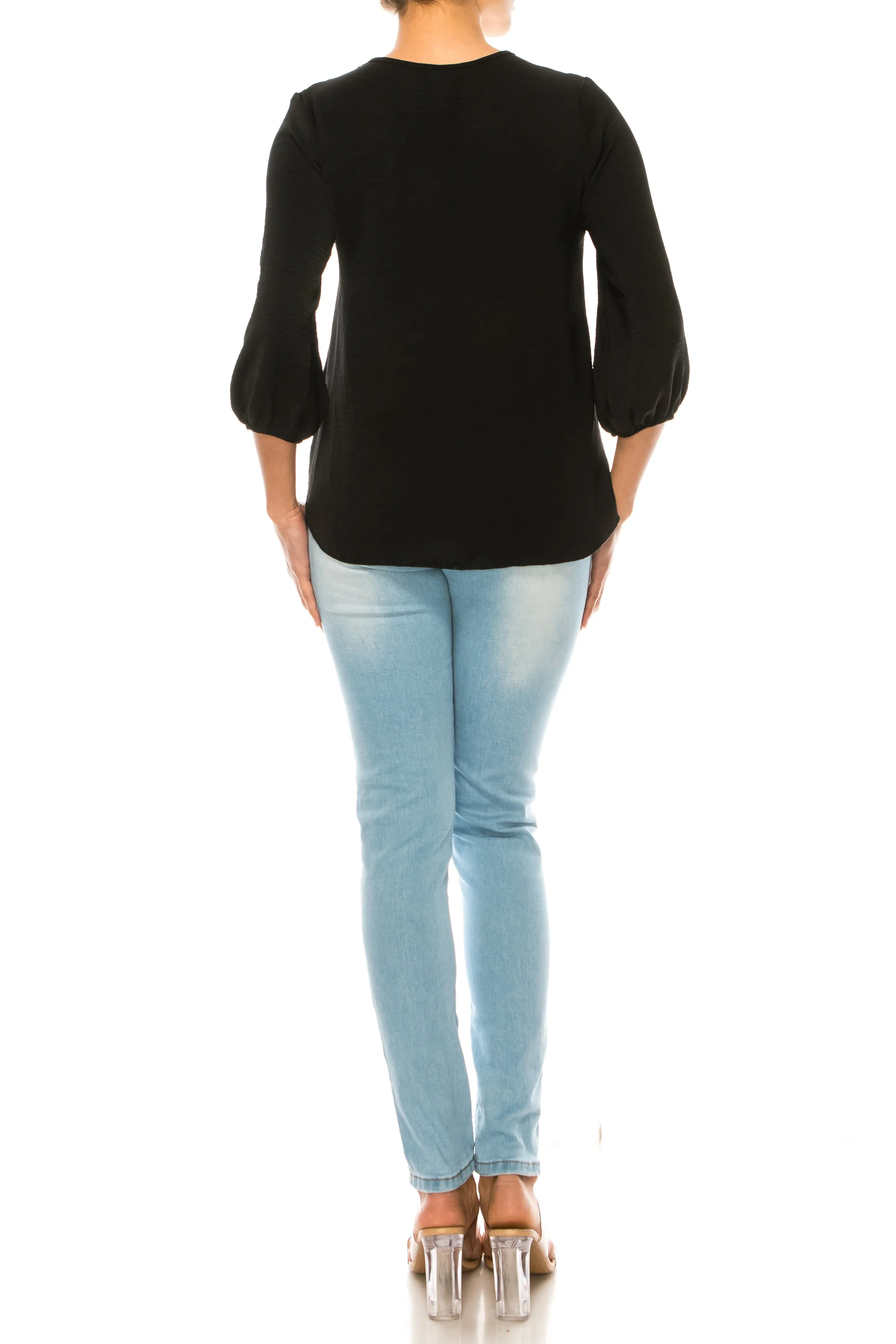 Women's Solid 3/4 Sleeve Blouse with Puff Sleeves and Lace and Pearl Accent