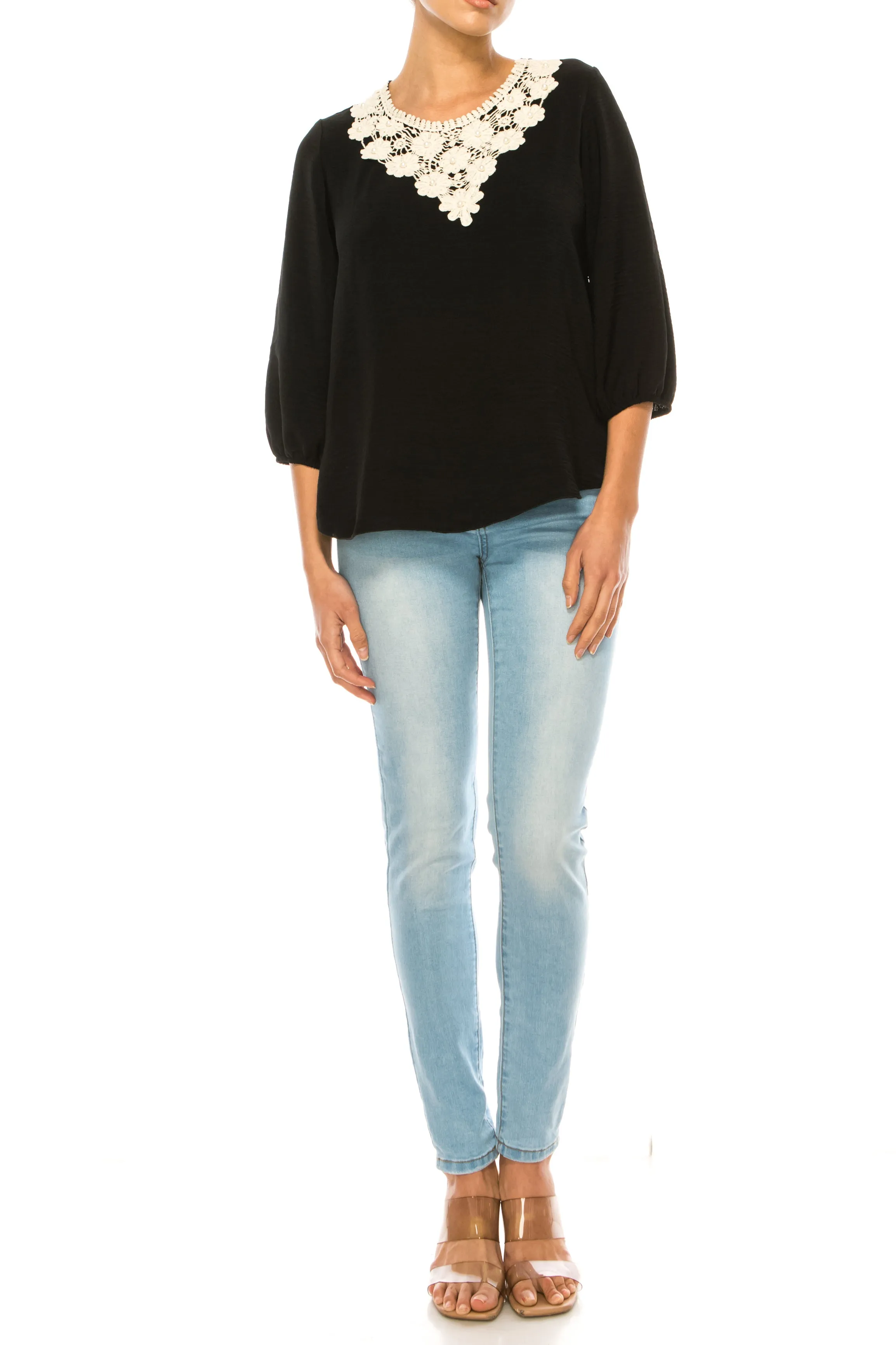 Women's Solid 3/4 Sleeve Blouse with Puff Sleeves and Lace and Pearl Accent