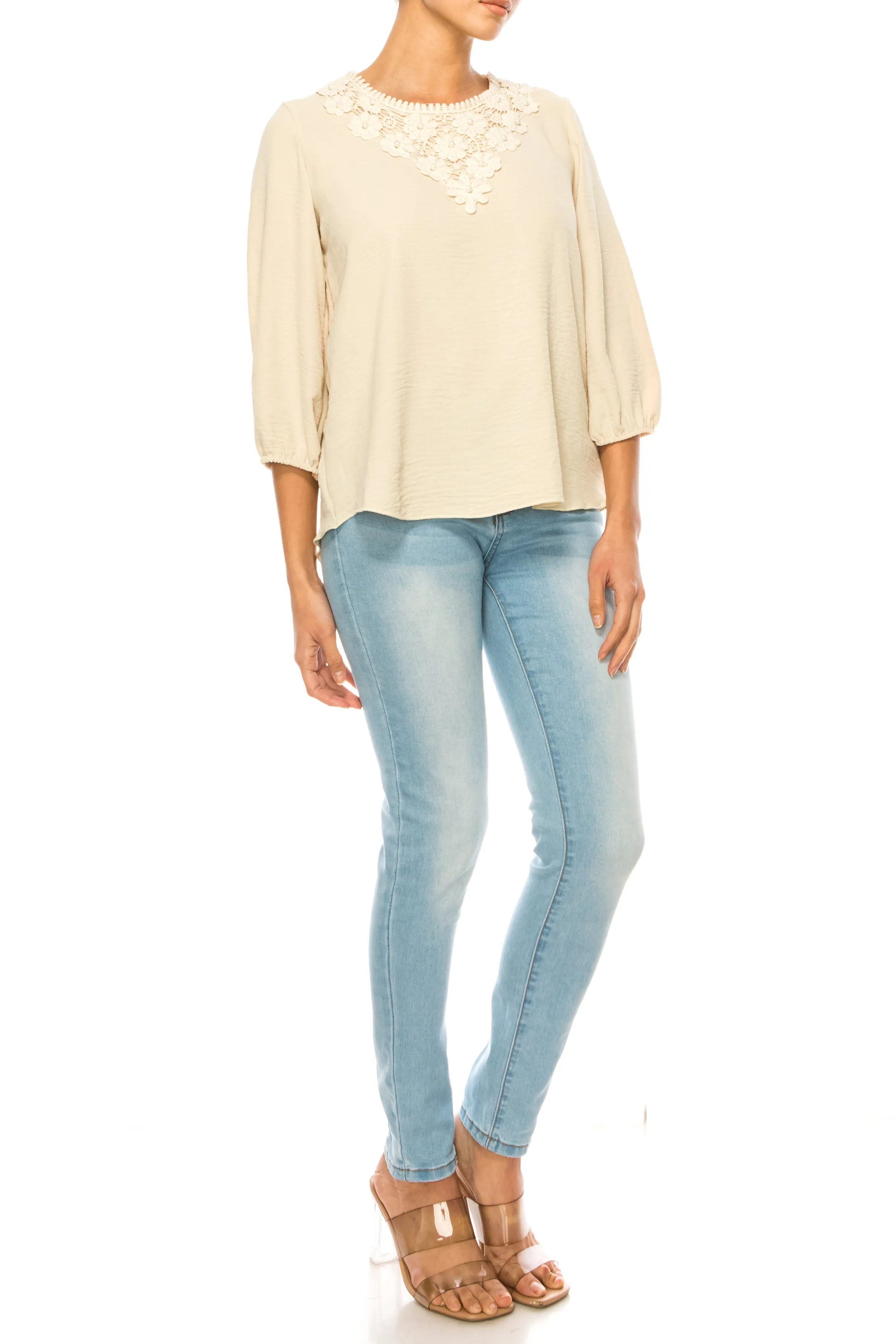 Women's Solid 3/4 Sleeve Blouse with Puff Sleeves and Lace and Pearl Accent