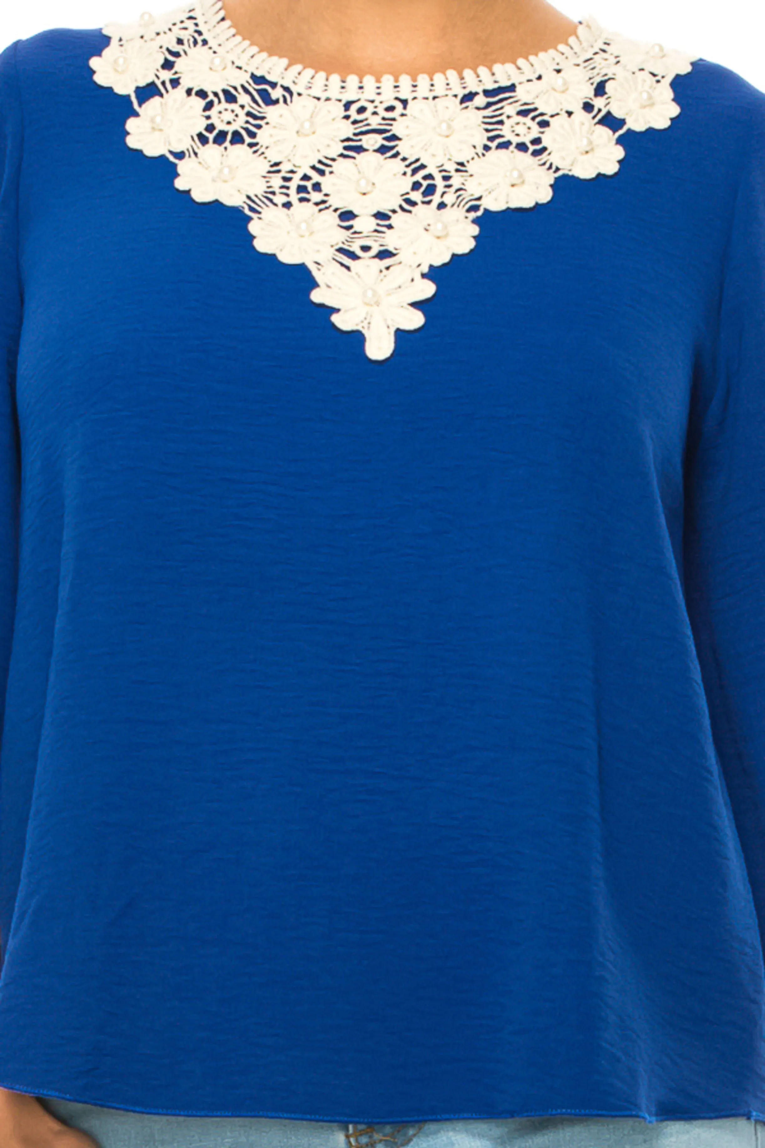 Women's Solid 3/4 Sleeve Blouse with Puff Sleeves and Lace and Pearl Accent