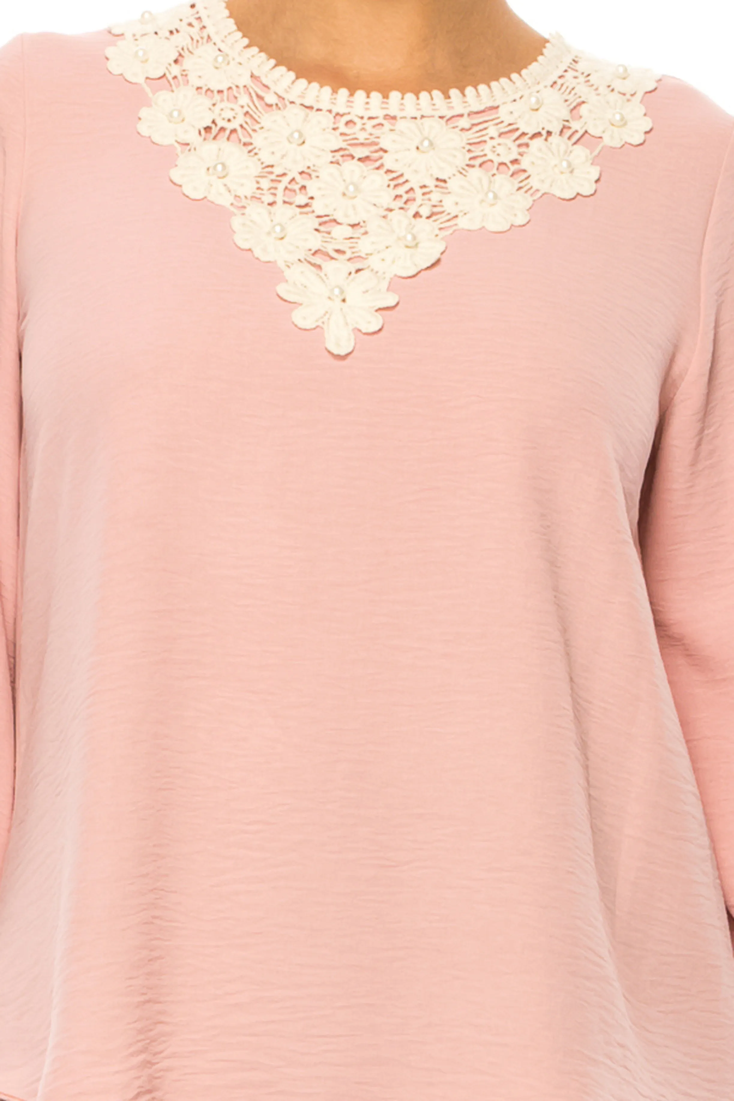 Women's Solid 3/4 Sleeve Blouse with Puff Sleeves and Lace and Pearl Accent