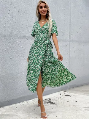 Wrap Dress with Floral Print and Asymmetrical Hem
