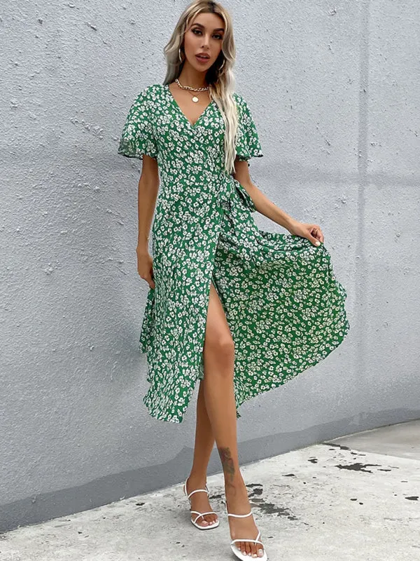 Wrap Dress with Floral Print and Asymmetrical Hem